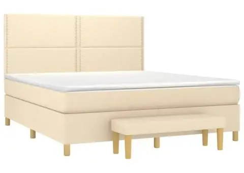 Pat box spring cu saltea, crem, 160x200 cm, material textil - 3/5
