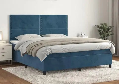 Pat box spring cu saltea, albastru închis, 160x200 cm, catifea - 1/5