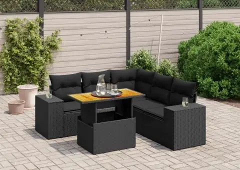 Set mobilier de grădină cu perne, 6 piese, negru, poliratan - 1/3