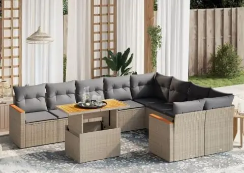 Set canapele de grădină cu perne, 10 piese, bej, poliratan - 1/3