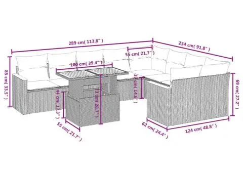 Set canapele de grădină cu perne, 10 piese, bej, poliratan - 3/3