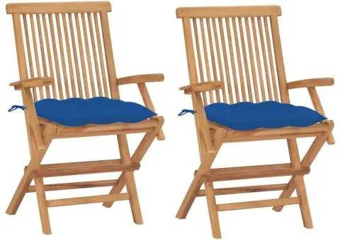 Scaune de grădină cu perne, 2 buc., albastru, lemn masiv de tec - 1/5