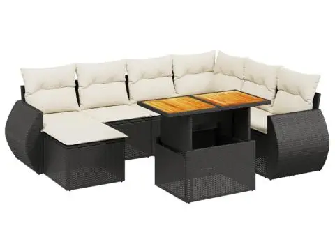 Set mobilier de grădină cu perne, 8 piese, negru, poliratan - 2/3