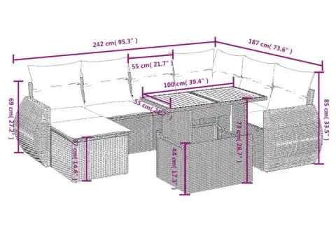 Set mobilier de grădină cu perne, 8 piese, negru, poliratan - 3/3