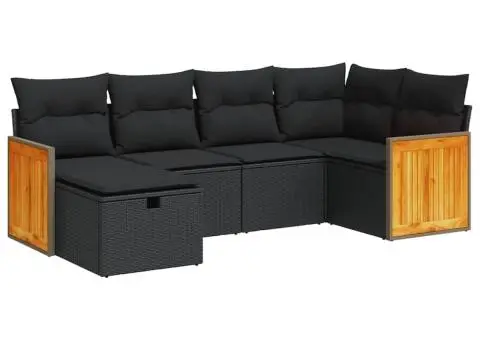 Set mobilier de grădină cu perne, 6 piese, negru, poliratan - 2/5