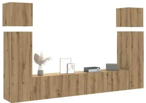 Set dulap TV 8 piese montat pe perete Stejar artizanal - 1/5