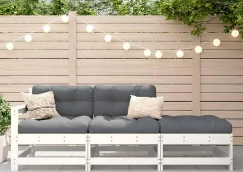 Set mobilier de grădină cu perne, 3 piese, alb, lemn masiv - 1/5