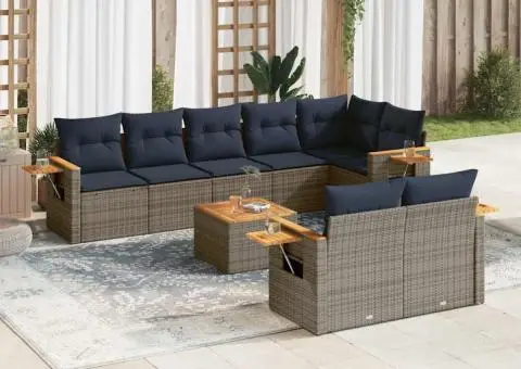 Set canapele de grădină cu perne, 9 piese, gri, poliratan - 1/5