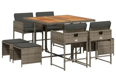 Set mobilier grădină cu perne, 9 piese, gri, poliratan - 2/5