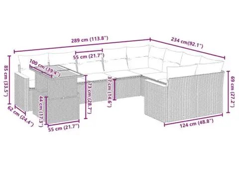 Set canapele de grădină cu perne, 10 piese, bej, poliratan - 3/3