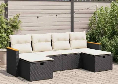 Set mobilier de grădină cu perne, 6 piese, negru, poliratan - 1/5