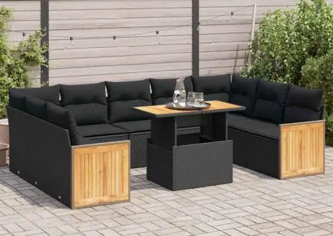 Set canapele de grădină cu perne, 10 piese, negru, poliratan - 1/5