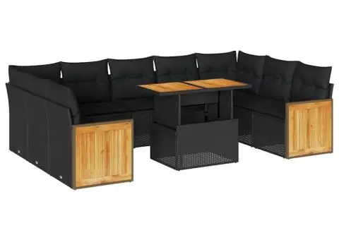 Set canapele de grădină cu perne, 10 piese, negru, poliratan - 2/5