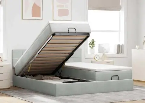 Cadru de pat otoman cu saltele Gri deschis 160x200cm catifea - 1/5