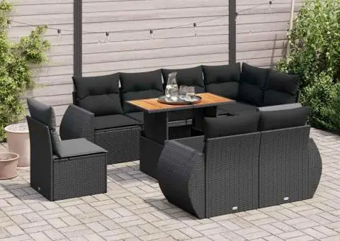 Set mobilier de grădină cu perne, 9 piese, negru, poliratan - 1/5