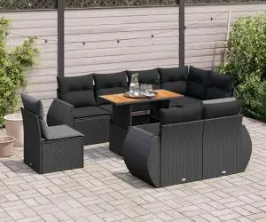 vidaXL Set mobilier de grădină cu perne, 9 piese, negru, poliratan