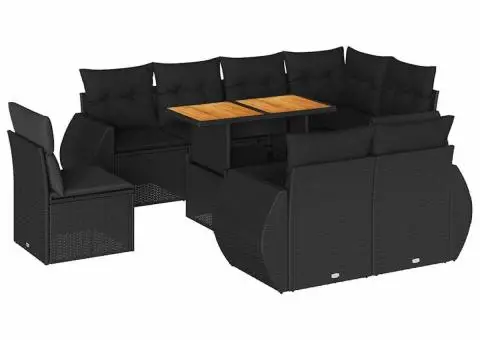 Set mobilier de grădină cu perne, 9 piese, negru, poliratan - 2/5