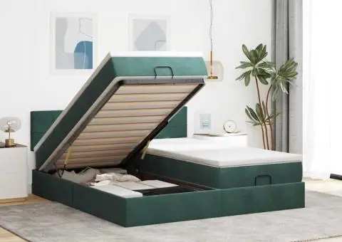 Cadru de pat otoman cu saltele, catifea verde închis 180x200cm - 1/5