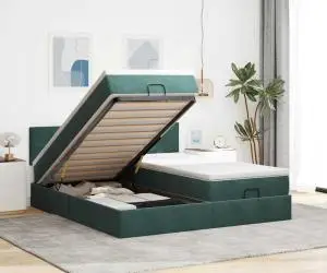 vidaXL Cadru de pat otoman cu saltele, catifea verde închis 180x200cm