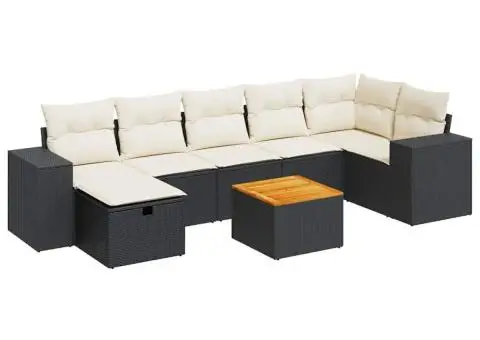 Set mobilier de grădină cu perne, 8 piese, negru, poliratan - 2/5