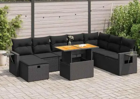 Set mobilier grădină perne 9 piese negru poliratan/lemn acacia - 1/5