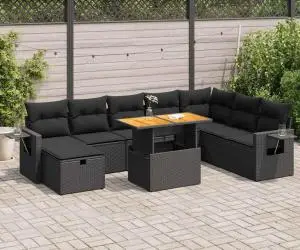 vidaXL Set mobilier grădină perne 9 piese negru poliratan/lemn acacia
