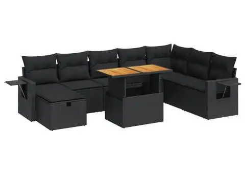 Set mobilier grădină perne 9 piese negru poliratan/lemn acacia - 2/5