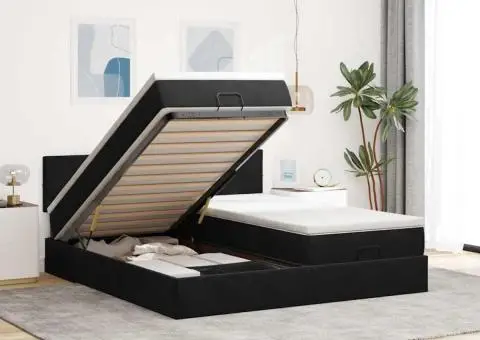 Cadru de pat otoman cu saltele, catifea neagră 200x200cm - 1/5