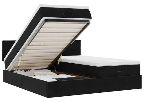 Cadru de pat otoman cu saltele, catifea neagră 200x200cm - 2/5