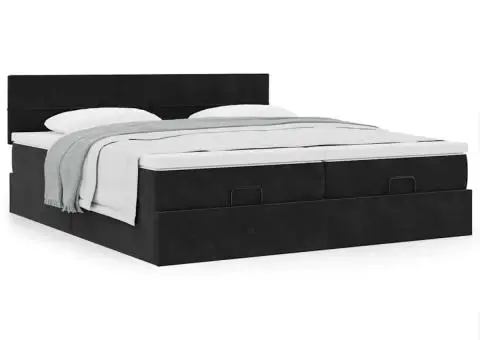 Cadru de pat otoman cu saltele, catifea neagră 200x200cm - 4/5