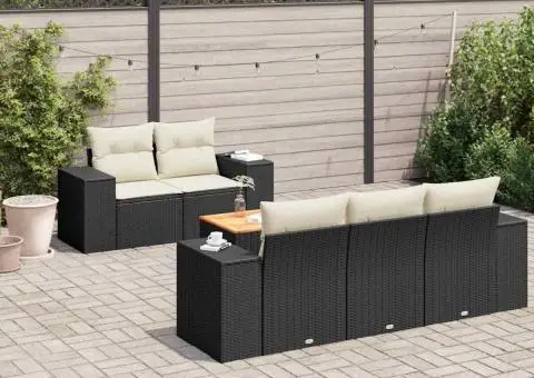 Set mobilier de grădină cu perne, 6 piese, negru, poliratan - 1/3