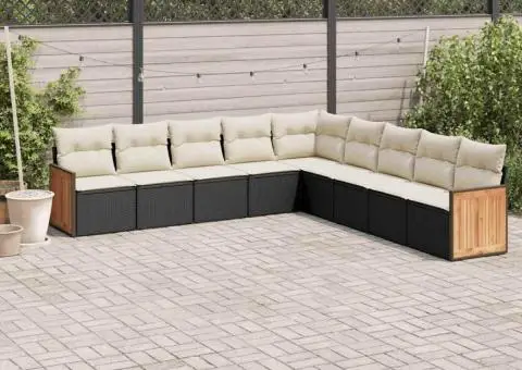 Set mobilier de grădină cu perne, 9 piese, negru, poliratan - 1/3