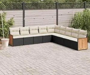 vidaXL Set mobilier de grădină cu perne, 9 piese, negru, poliratan