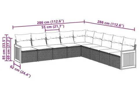 Set mobilier de grădină cu perne, 9 piese, negru, poliratan - 3/3