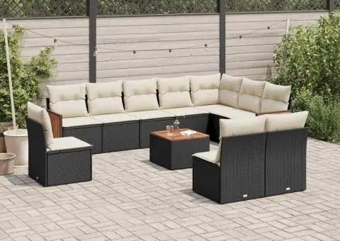 Set canapele de grădină cu perne, 11 piese, negru, poliratan - 1/3