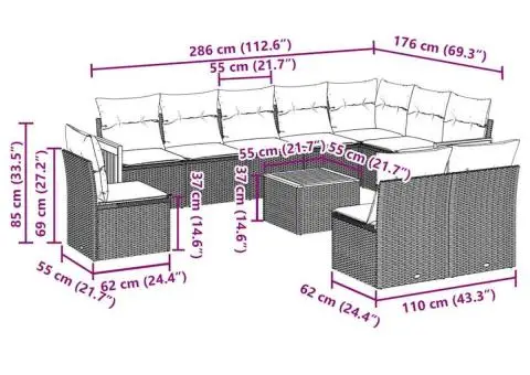 Set canapele de grădină cu perne, 11 piese, negru, poliratan - 3/3