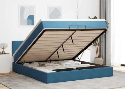 Pat otoman cu saltele și LED-uri Albastru închis catifea - 1/5