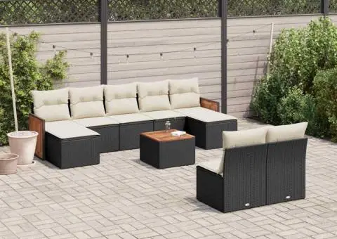 Set canapele de grădină cu perne, 10 piese, negru, poliratan - 1/3
