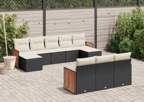 Set canapele de grădină cu perne, 10 piese, negru, poliratan - 1/3
