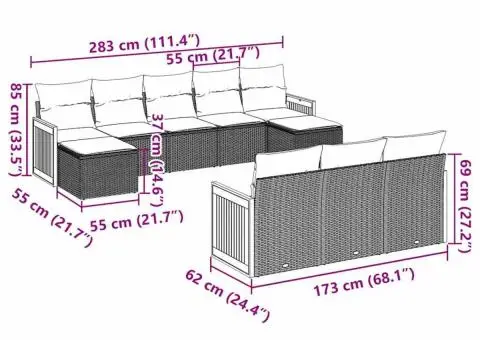 Set canapele de grădină cu perne, 10 piese, negru, poliratan - 3/3