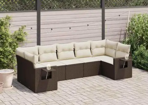 Set canapele de grădină cu perne, 7 piese, maro, poliratan - 1/5