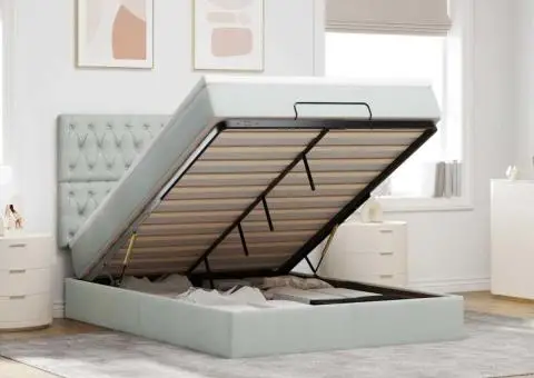 Cadru de pat otoman cu saltele Gri deschis 140x190cm catifea - 1/5