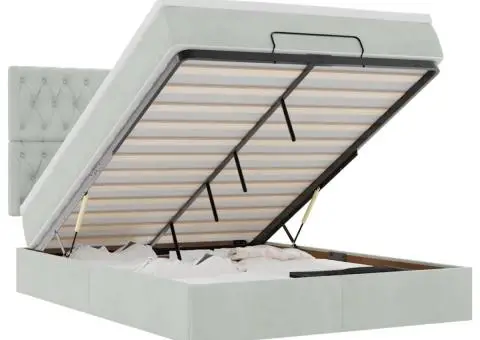 Cadru de pat otoman cu saltele Gri deschis 140x190cm catifea - 2/5