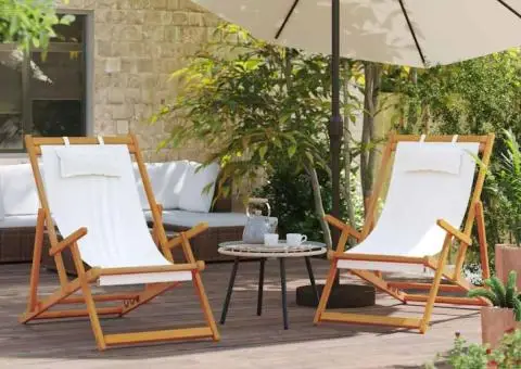 Scaune de plajă pliante, 2 buc., crem, material textil - 1/5