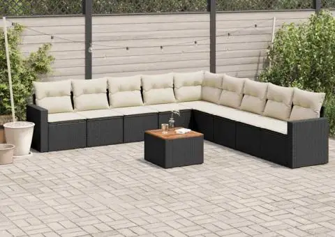 Set canapele de grădină cu perne, 10 piese, negru, poliratan - 1/5