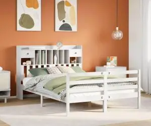vidaXL Pat cu bibliotecă fără saltea, alb, 140x190 cm, lemn masiv pin