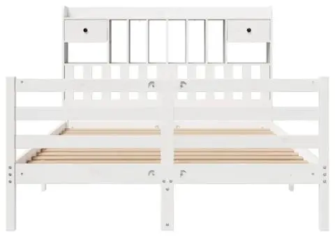 Pat cu bibliotecă fără saltea, alb, 140x190 cm, lemn masiv pin - 4/5