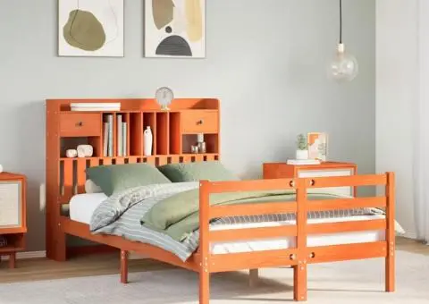 Pat cu bibliotecă fără saltea, maro, 120x190 cm, lemn masiv pin - 1/5