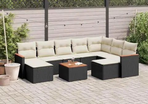 Set canapele de grădină cu perne, 10 piese, negru, poliratan - 1/3