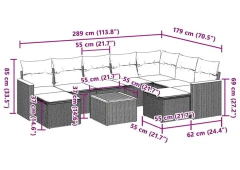 Set canapele de grădină cu perne, 10 piese, negru, poliratan - 3/3